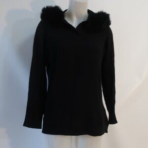 Womens Qi Cashmere Black Pure Cashmere Dyed Fox Fur Hood Trim Pullover Sweater M